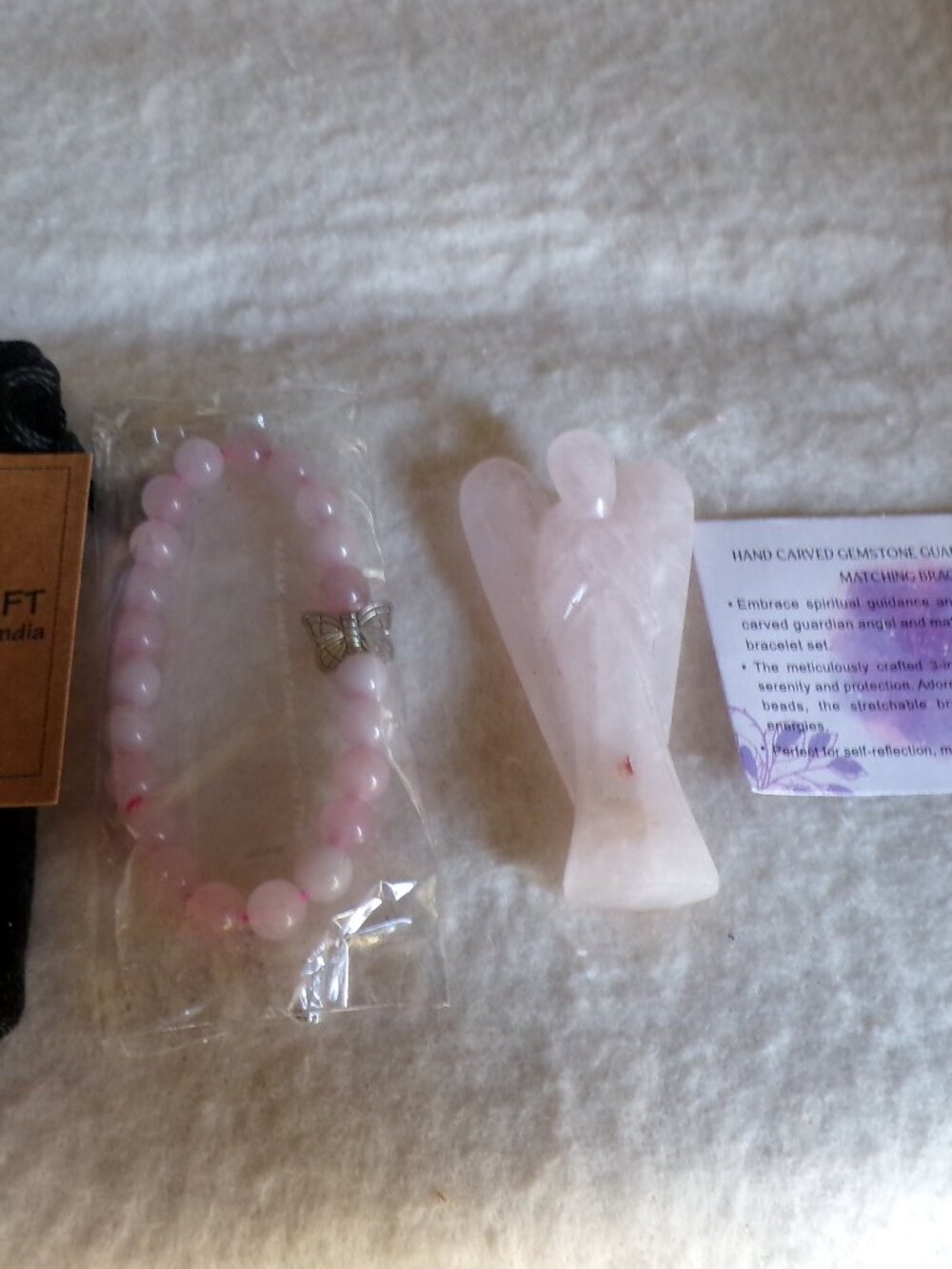 Hand Carved Gemstone Guardian Angel with Matching Gemstone Beads Bracelet Set